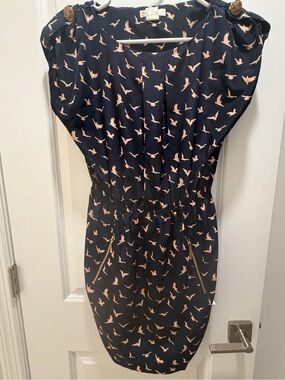 a'gaci Navy Blue Mini Dress with Pink Bird Print
